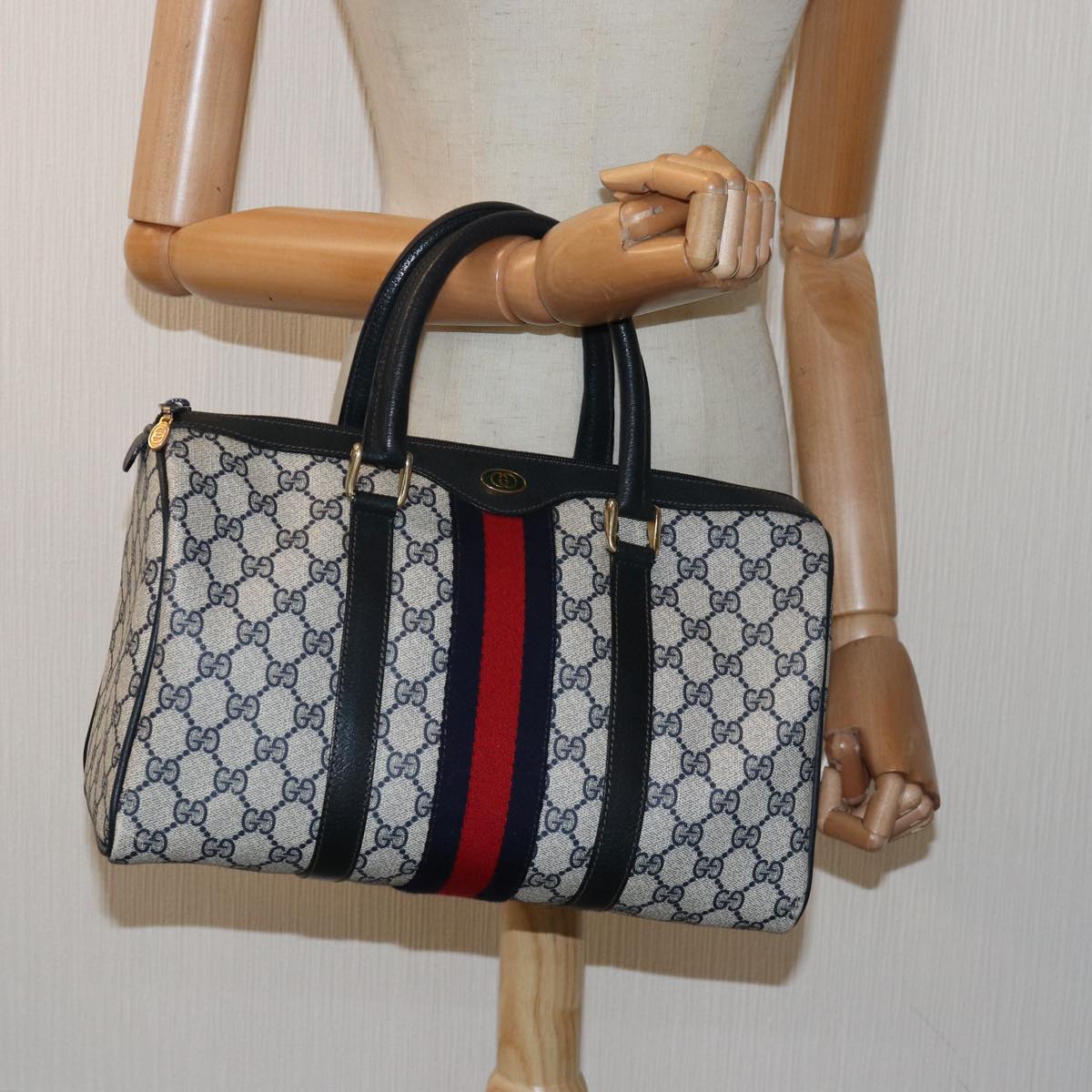 GUCCI GG Supreme Sherry Line Boston Bag PVC Leather Navy Red 81616