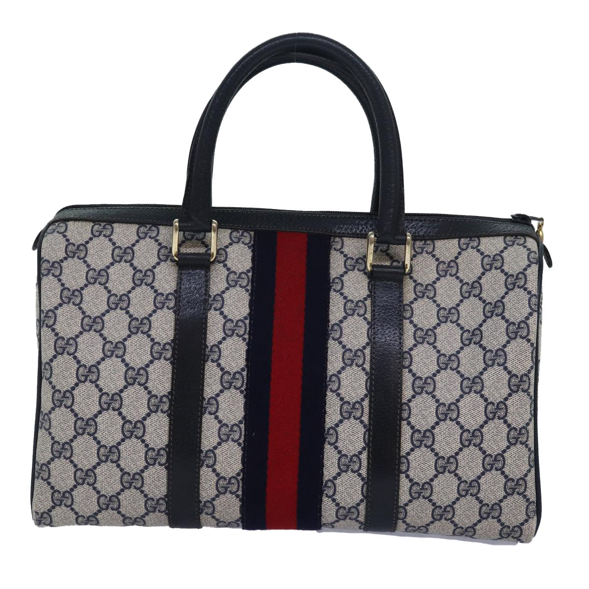 GUCCI GG Supreme Sherry Line Boston Bag PVC Leather Navy Red 81616