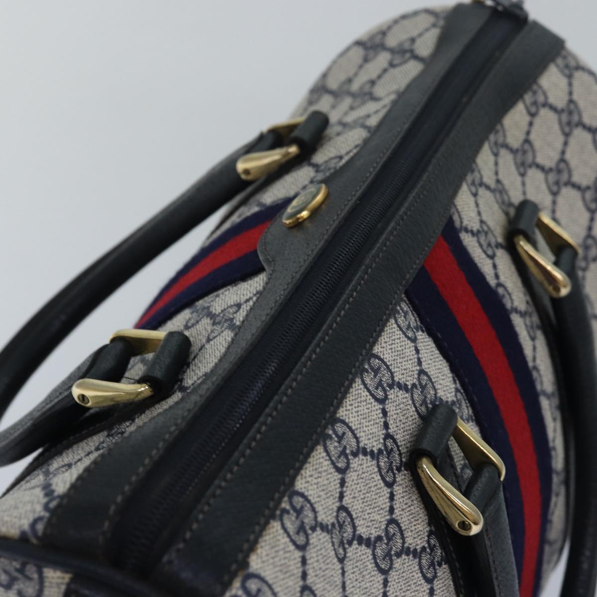 GUCCI GG Supreme Sherry Line Boston Bag PVC Leather Navy Red 81616
