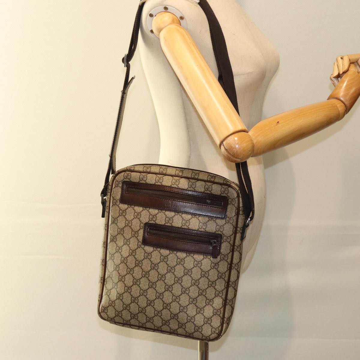 GUCCI Shoulder Bag PVC Leather Beige Dark Brown 92551 81805