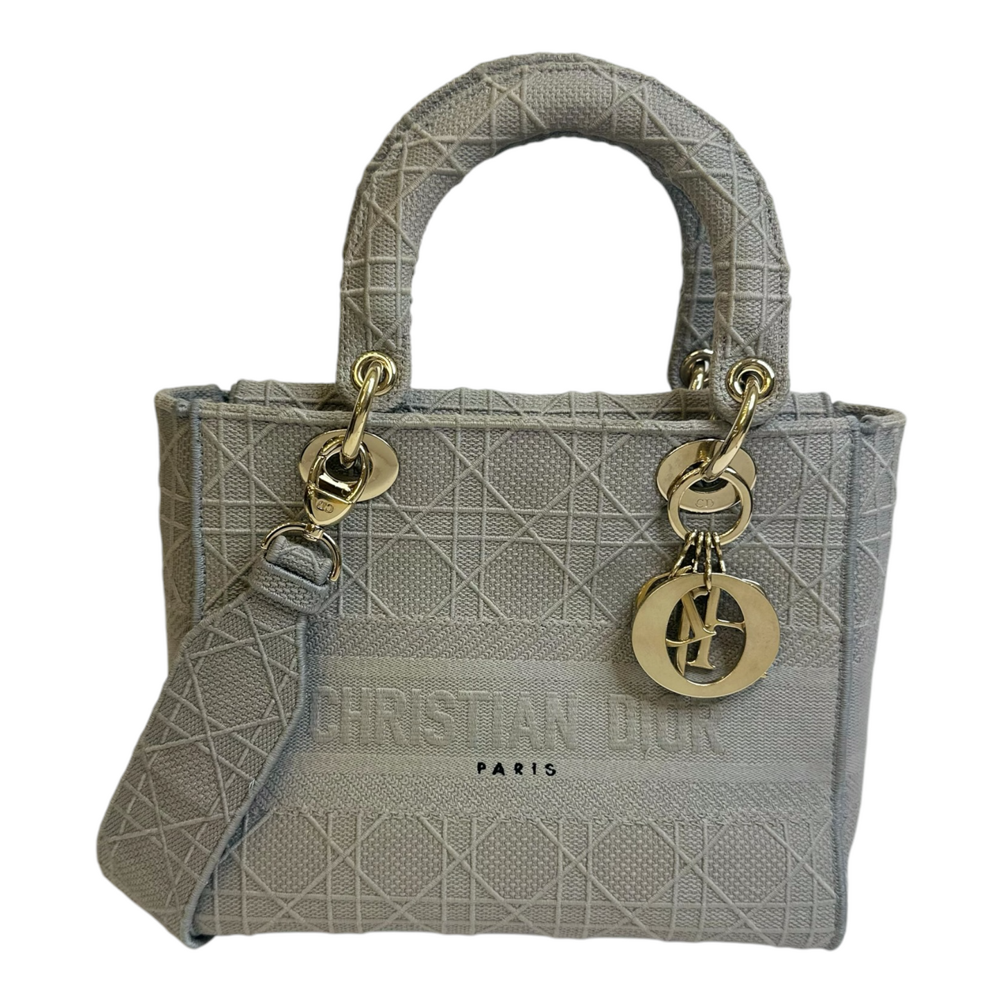 Christian Dior Canvas Embroidered Cannage Medium Lady D-Lite Gray
