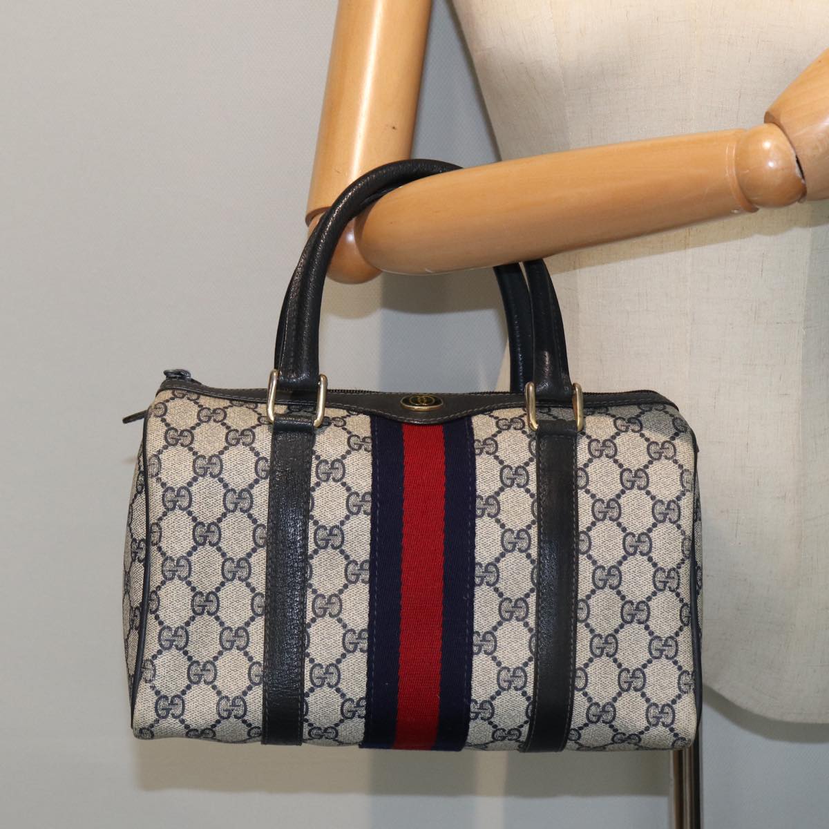 GUCCI GG Canvas Boston Bag PVC Leather Navy 40 3841 81871