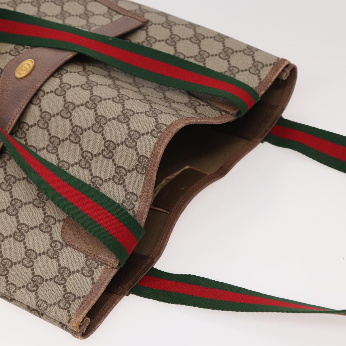 GUCCI GG Canvas Web Sherry Line Tote Bag PVC Leather Beige Green Red 81946