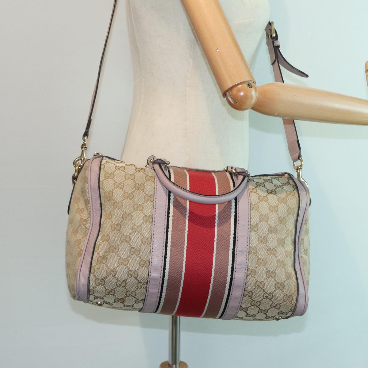 GUCCI GG Canvas Boston Bag 2way Beige Pink 82022