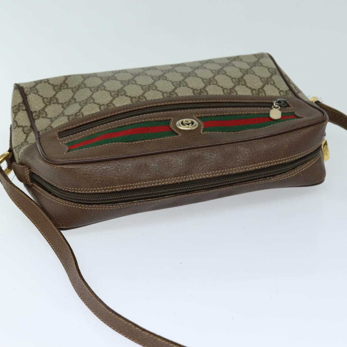 GUCCI GG Supreme Web Sherry Line Shoulder Bag PVC Beige Red 82870