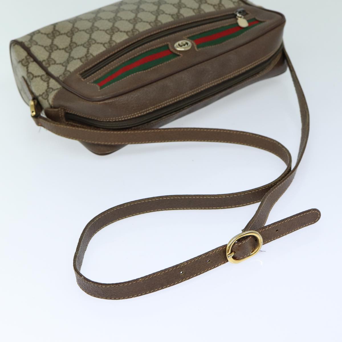 GUCCI GG Supreme Web Sherry Line Shoulder Bag PVC Beige Red 82870
