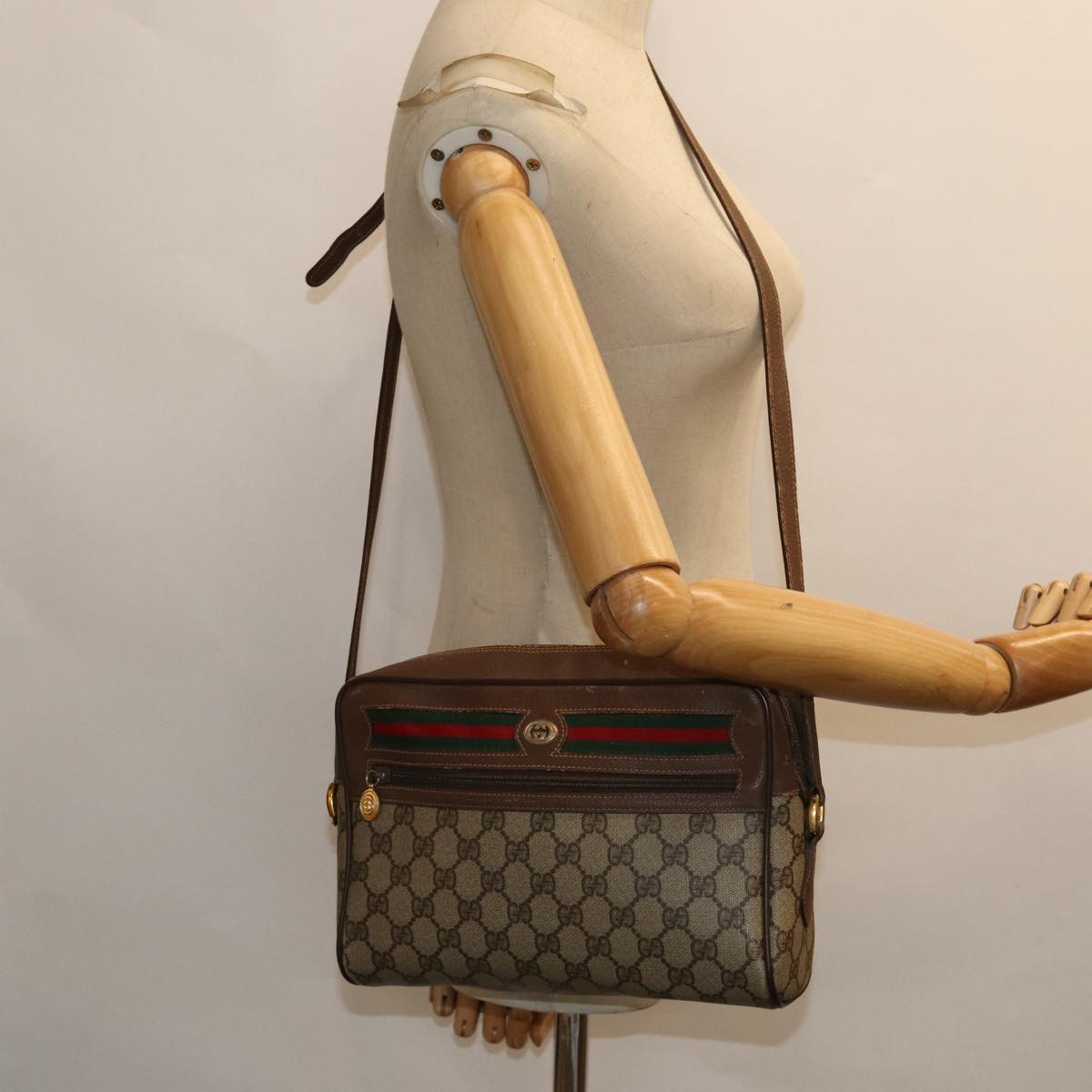 GUCCI GG Supreme Web Sherry Line Shoulder Bag PVC Beige Red 56 02 088 82872