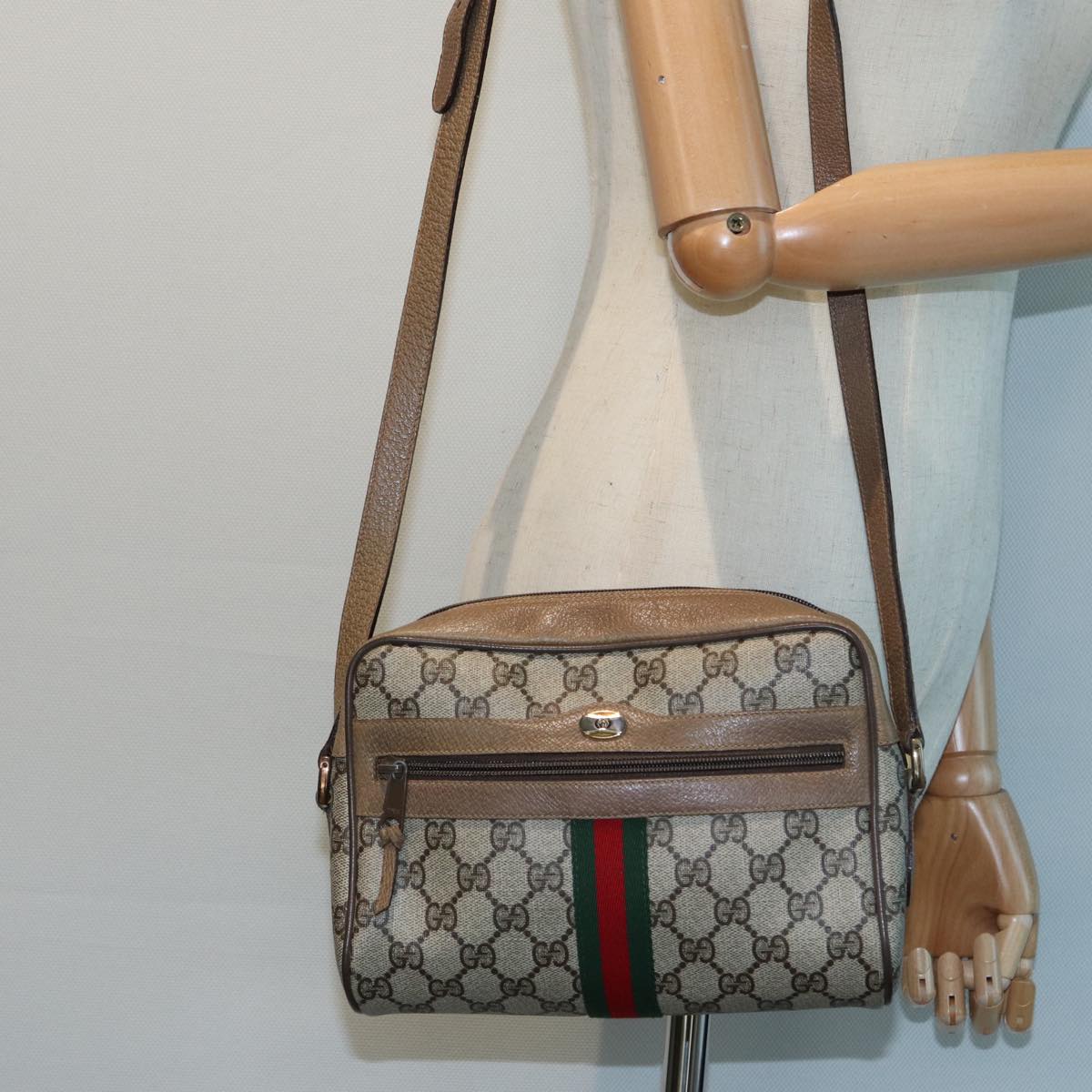 GUCCI GG Canvas Web Sherry Line Shoulder Bag PVC Leather Beige 83134