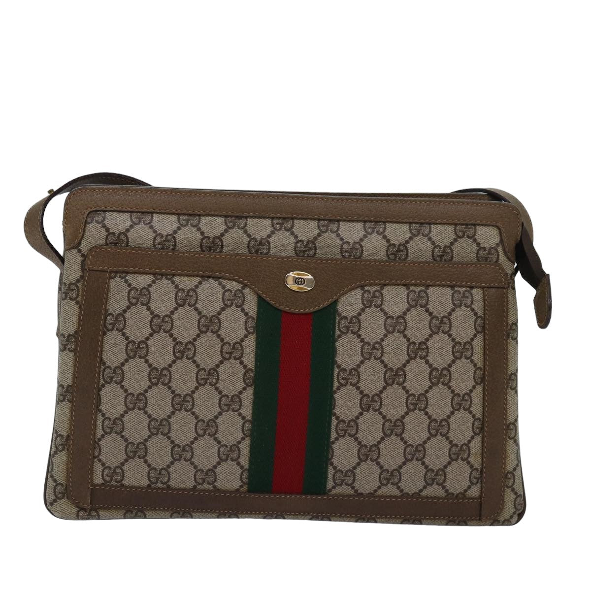 GUCCI GG Canvas Web Sherry Line Shoulder Bag PVC Leather Beige Green 83269