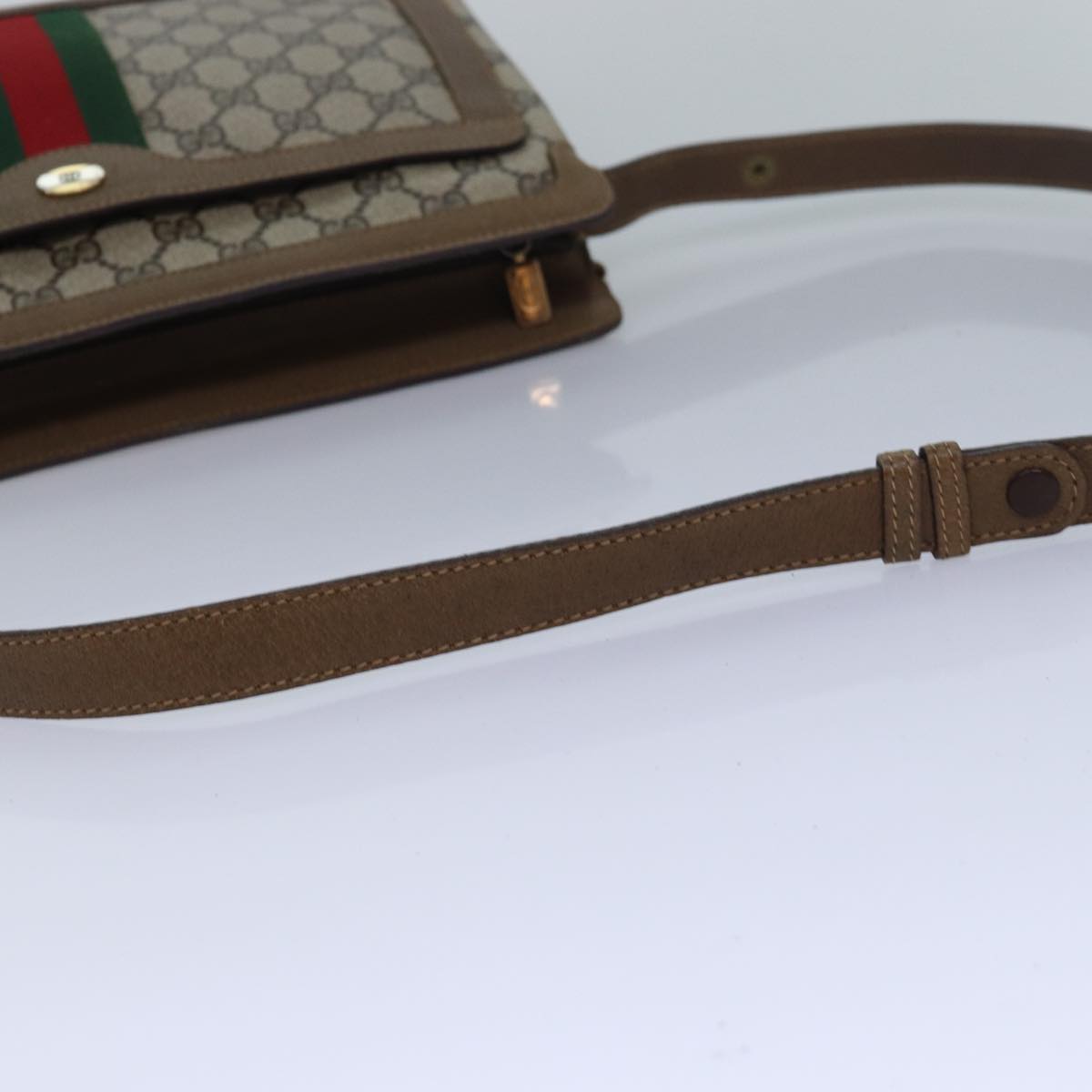 GUCCI GG Canvas Web Sherry Line Shoulder Bag PVC Leather Beige Green 83269