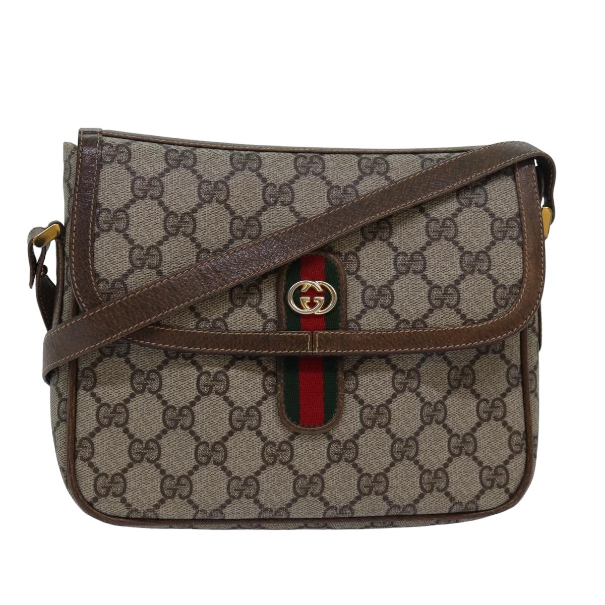 GUCCI GG Canvas Web Sherry Line Shoulder Bag PVC Leather Beige Green 83285