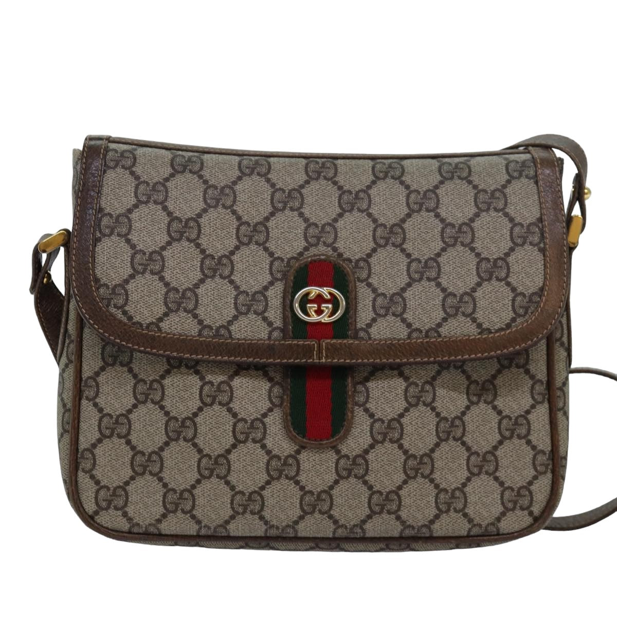 GUCCI GG Canvas Web Sherry Line Shoulder Bag PVC Leather Beige Green 83285