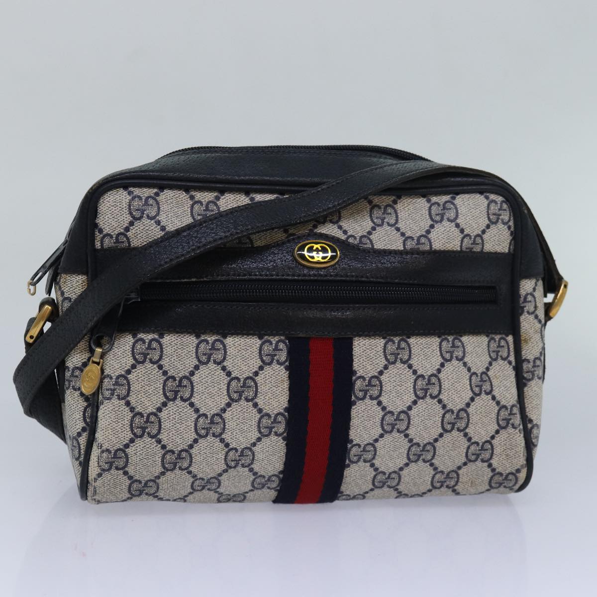 GUCCI GG Canvas Sherry Line Shoulder Bag PVC Leather Navy Red 83291