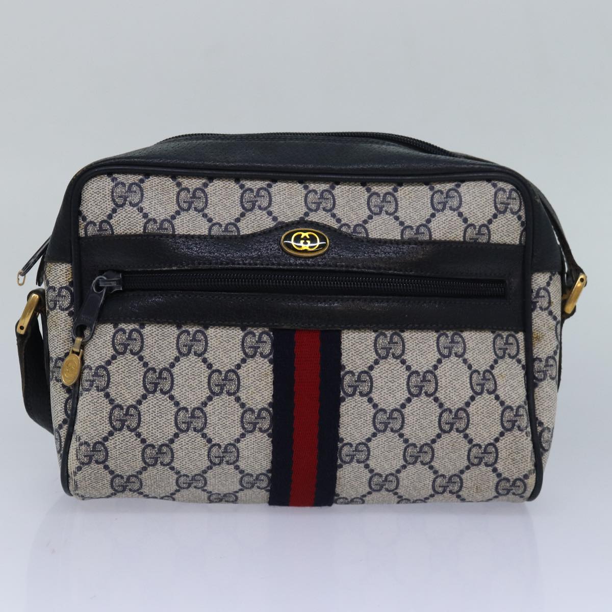 GUCCI GG Canvas Sherry Line Shoulder Bag PVC Leather Navy Red 83291