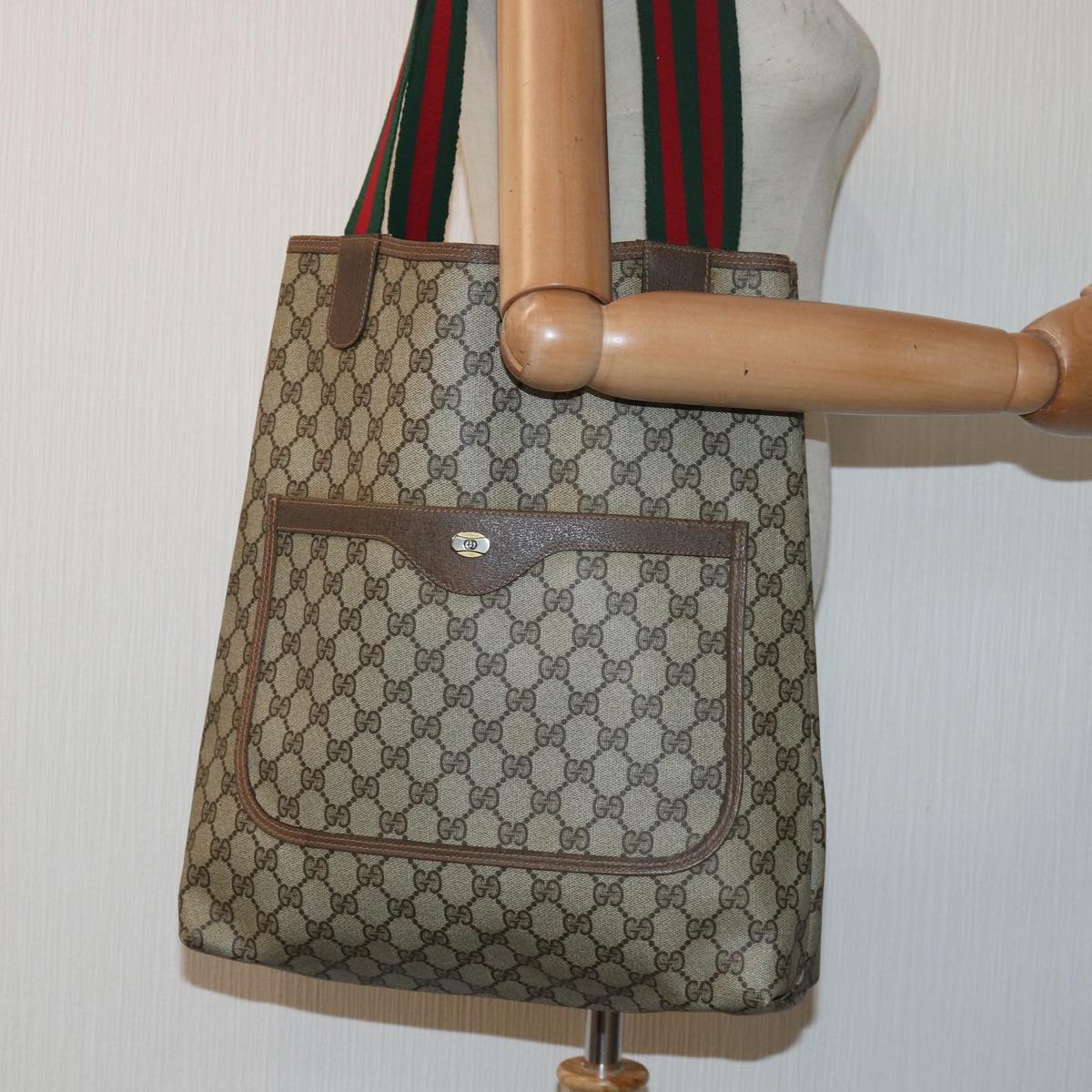 GUCCI GG Supreme Web Sherry Line Tote Bag PVC Leather Beige 39 02 003 83298