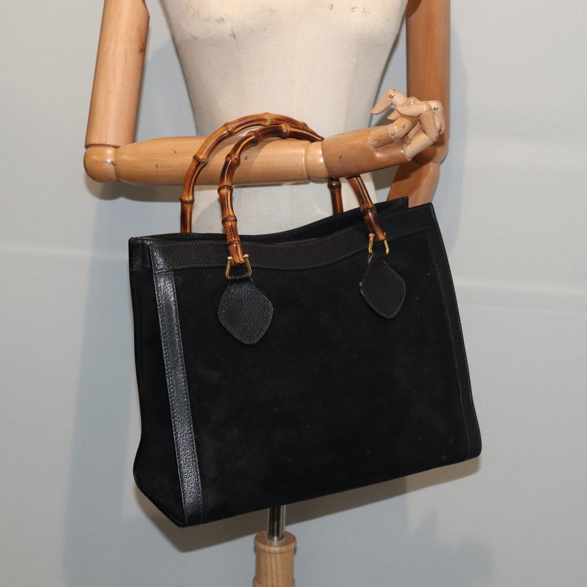 GUCCI Bamboo Hand Bag Suede Black 83299