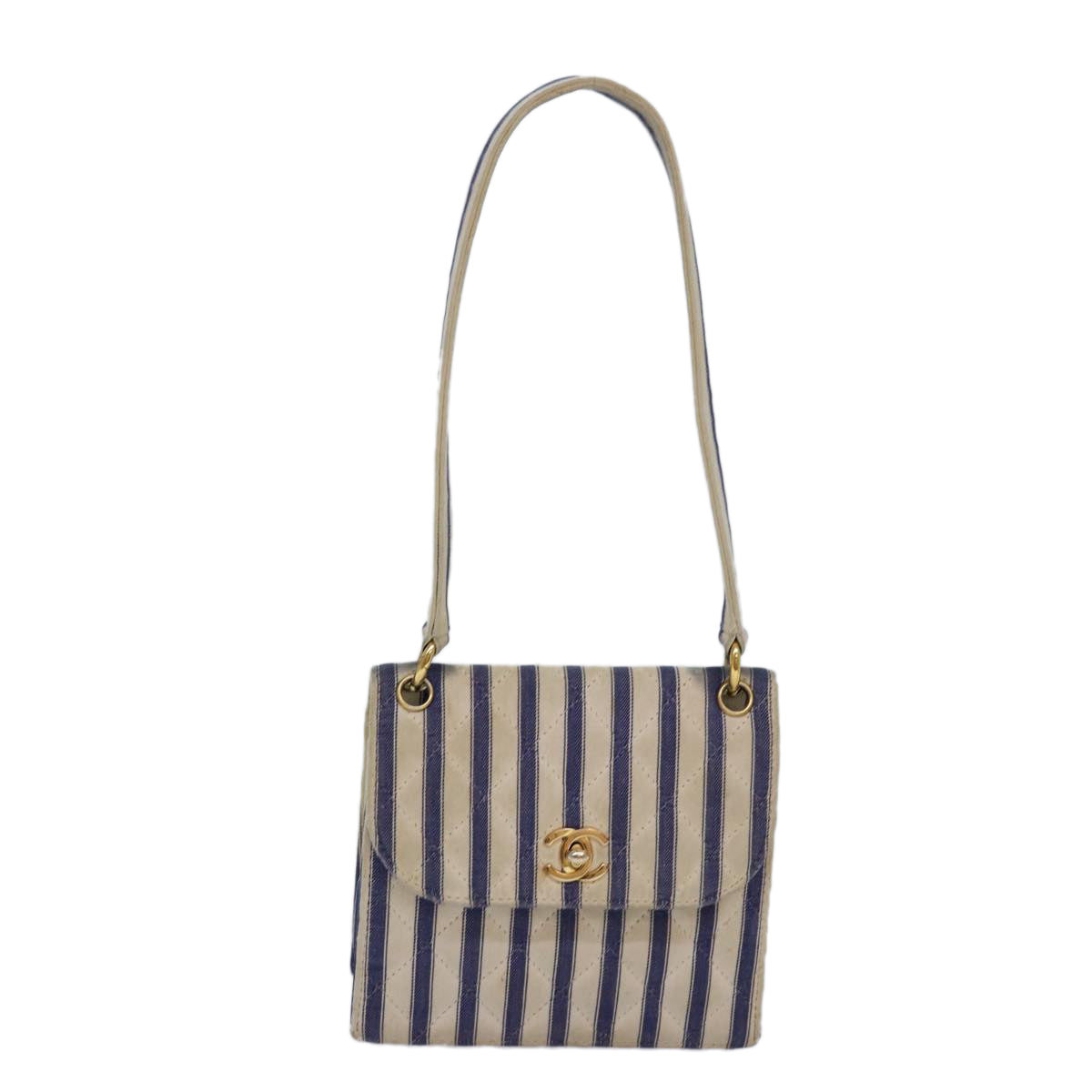 CHANEL Turn Lock Shoulder Bag Canvas Blue CC 83375