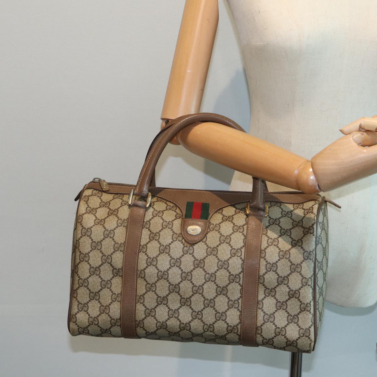 GUCCI GG Supreme Web Sherry Line Boston Bag PVC Beige Red 111 02 007 83384