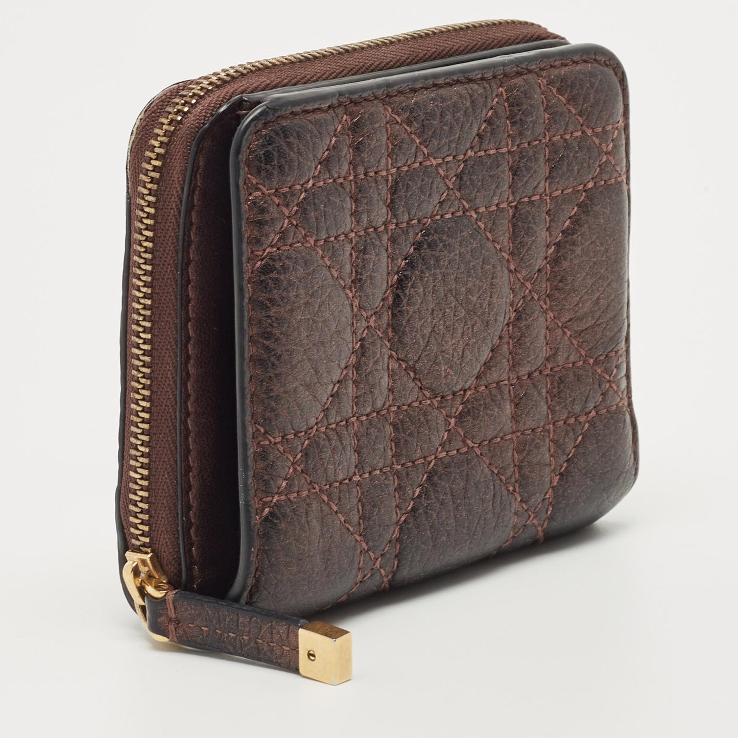 Dior Metallic Burgundy Cannage Leather Caro Compact Wallet