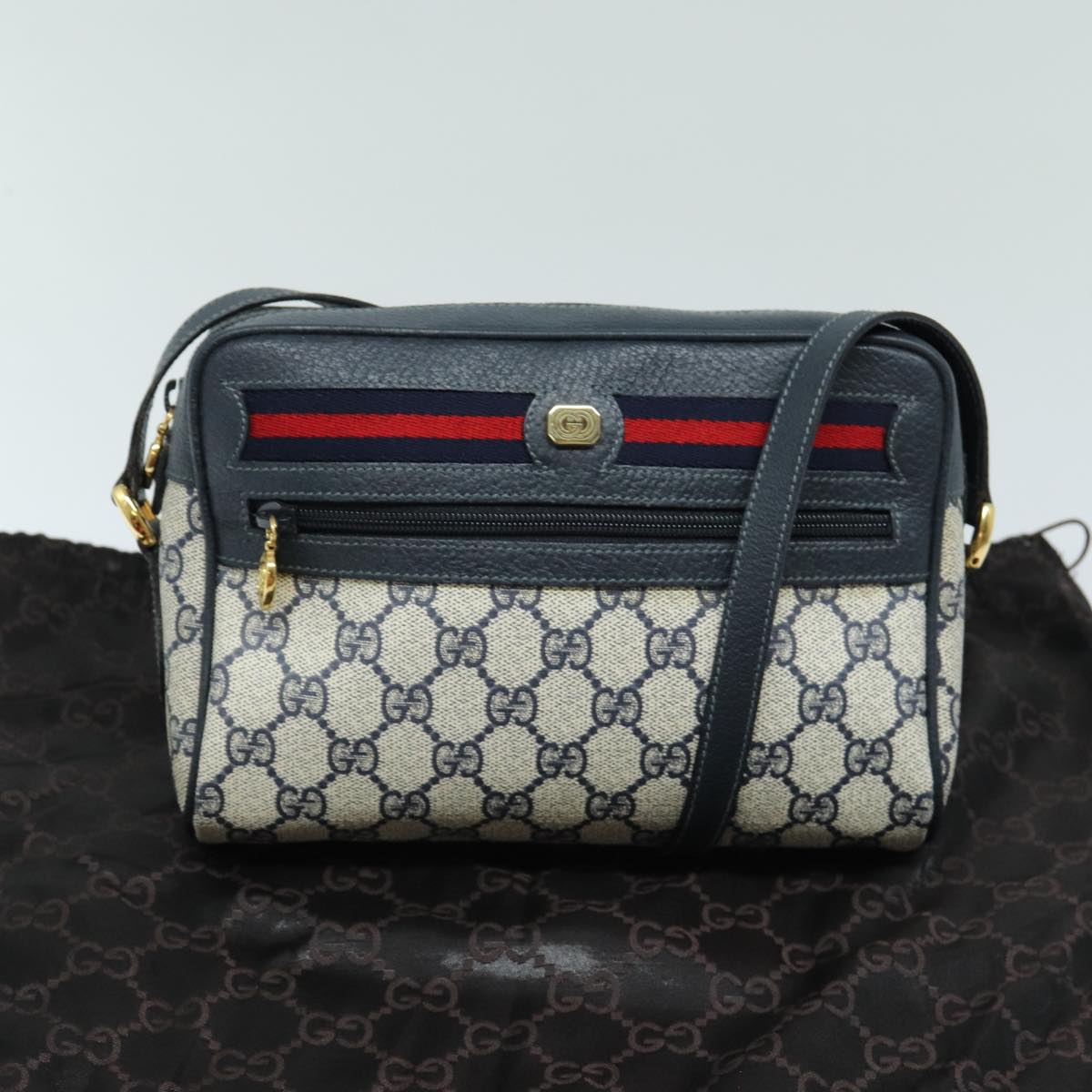 GUCCI GG Supreme Sherry Line Shoulder Bag PVC Navy Red 83572