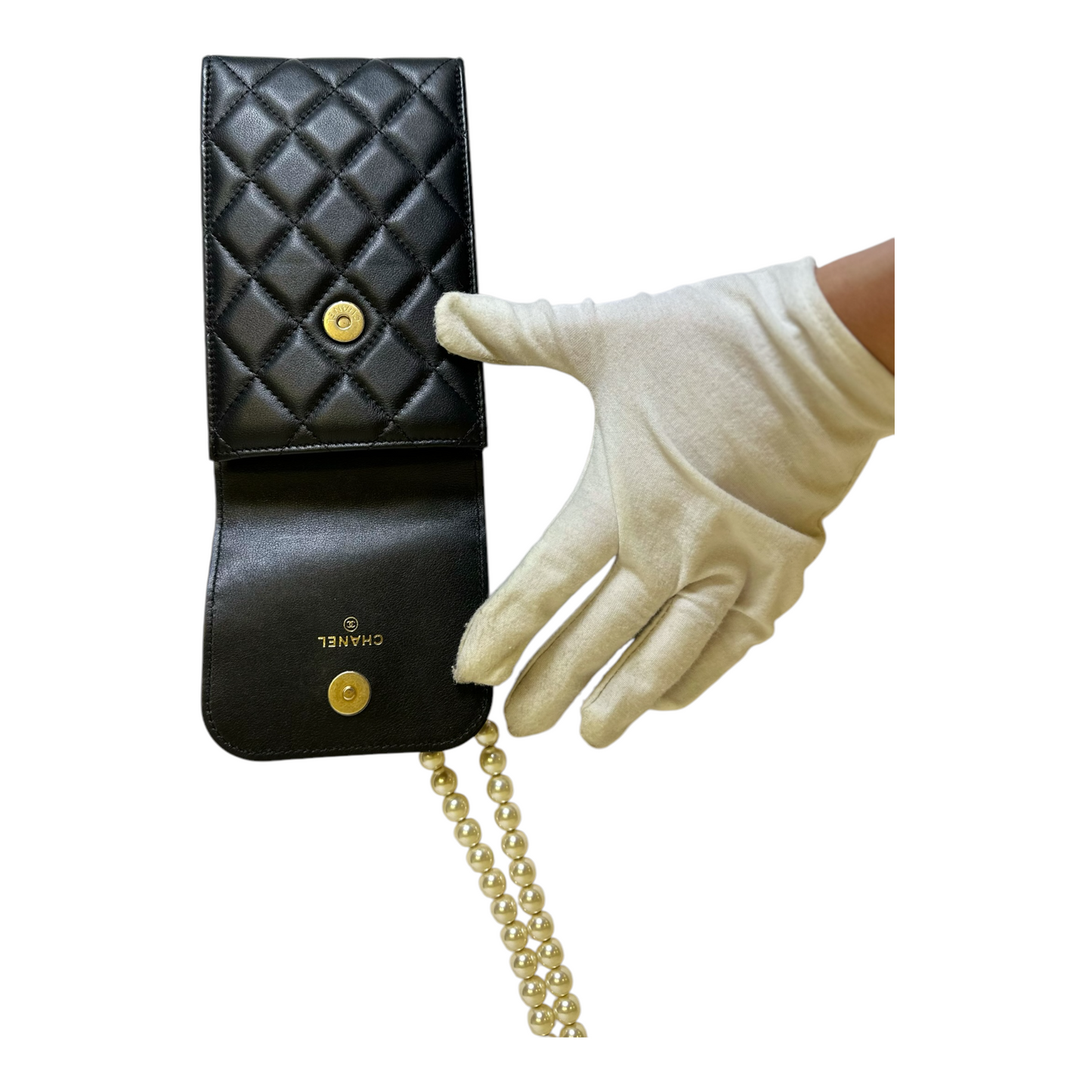 Chanel Lambskin Quilted Pearl Phone Holder With Chain Black