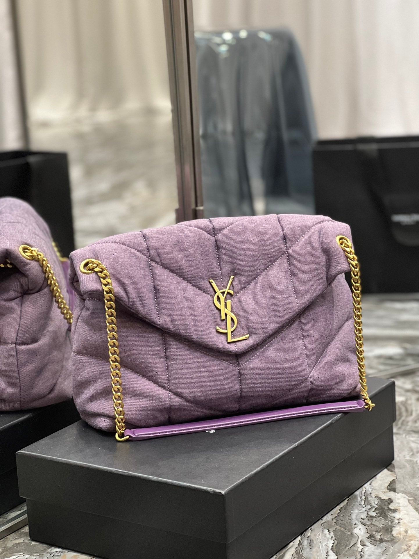 GLAMI Puffer MeGLAMIum Chain Bag Blesched Lilac In Denim For Women 13.8in/35cm YSL