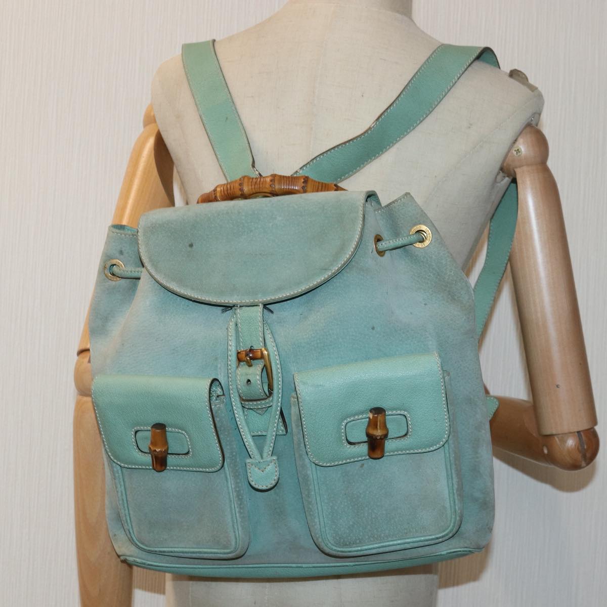 GUCCI Bamboo Backpack Suede Blue 003.2058.0016 84054