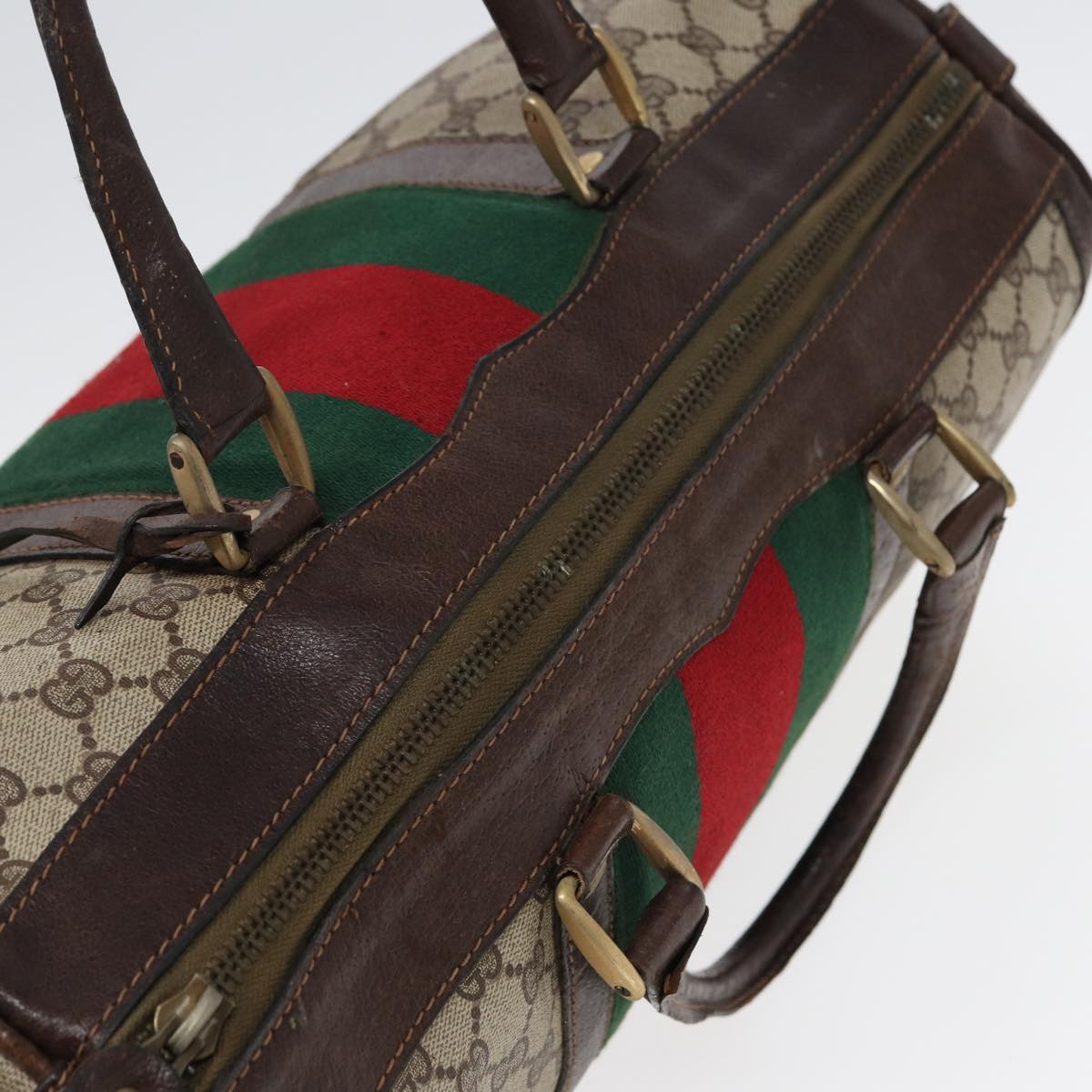 GUCCI GG Supreme Web Sherry Line Boston Bag PVC Beige Red Green 84232