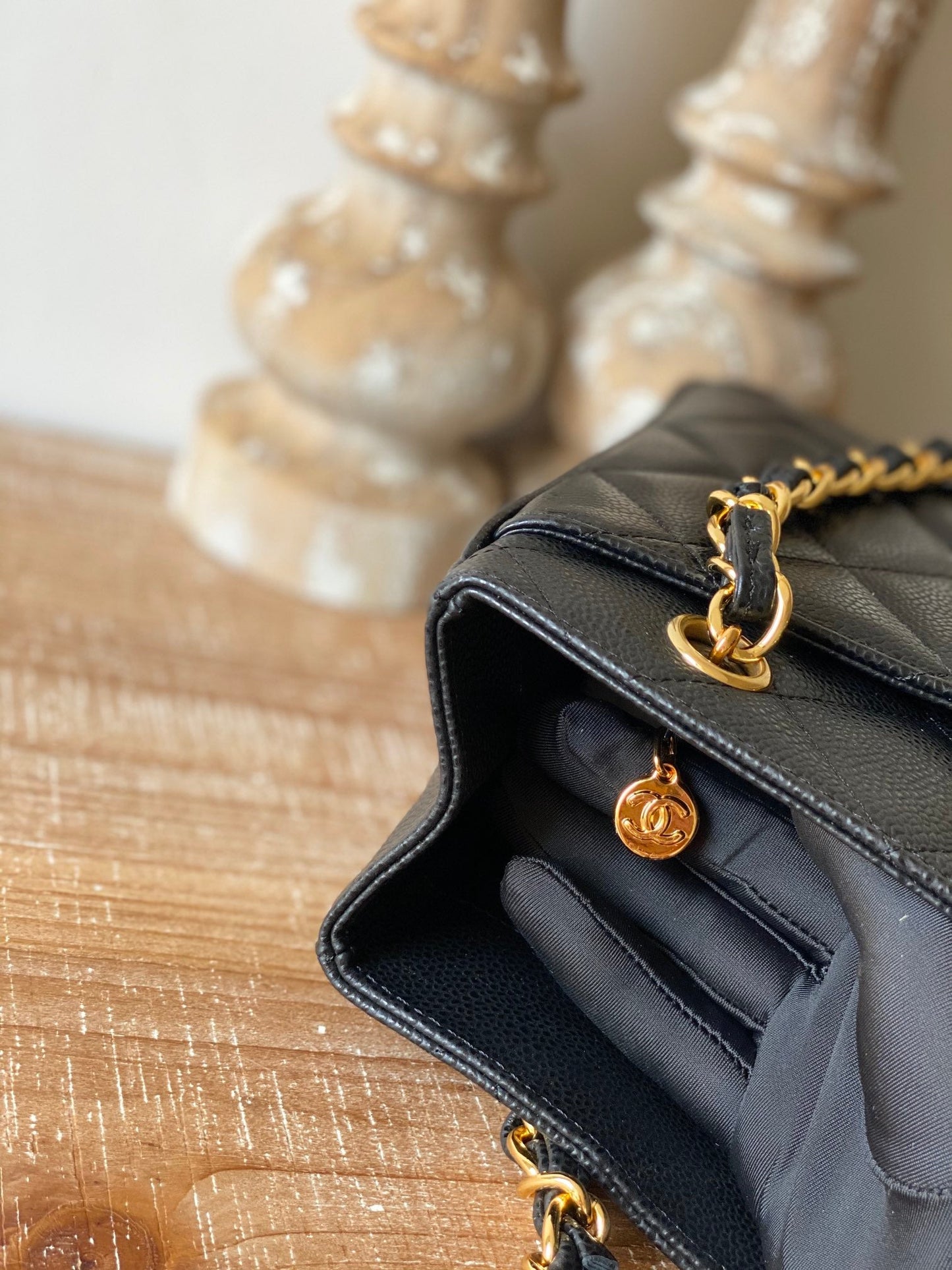 CHLVintage Black Medium Quilted Caviar Tote Bag For Women 28cm/11in