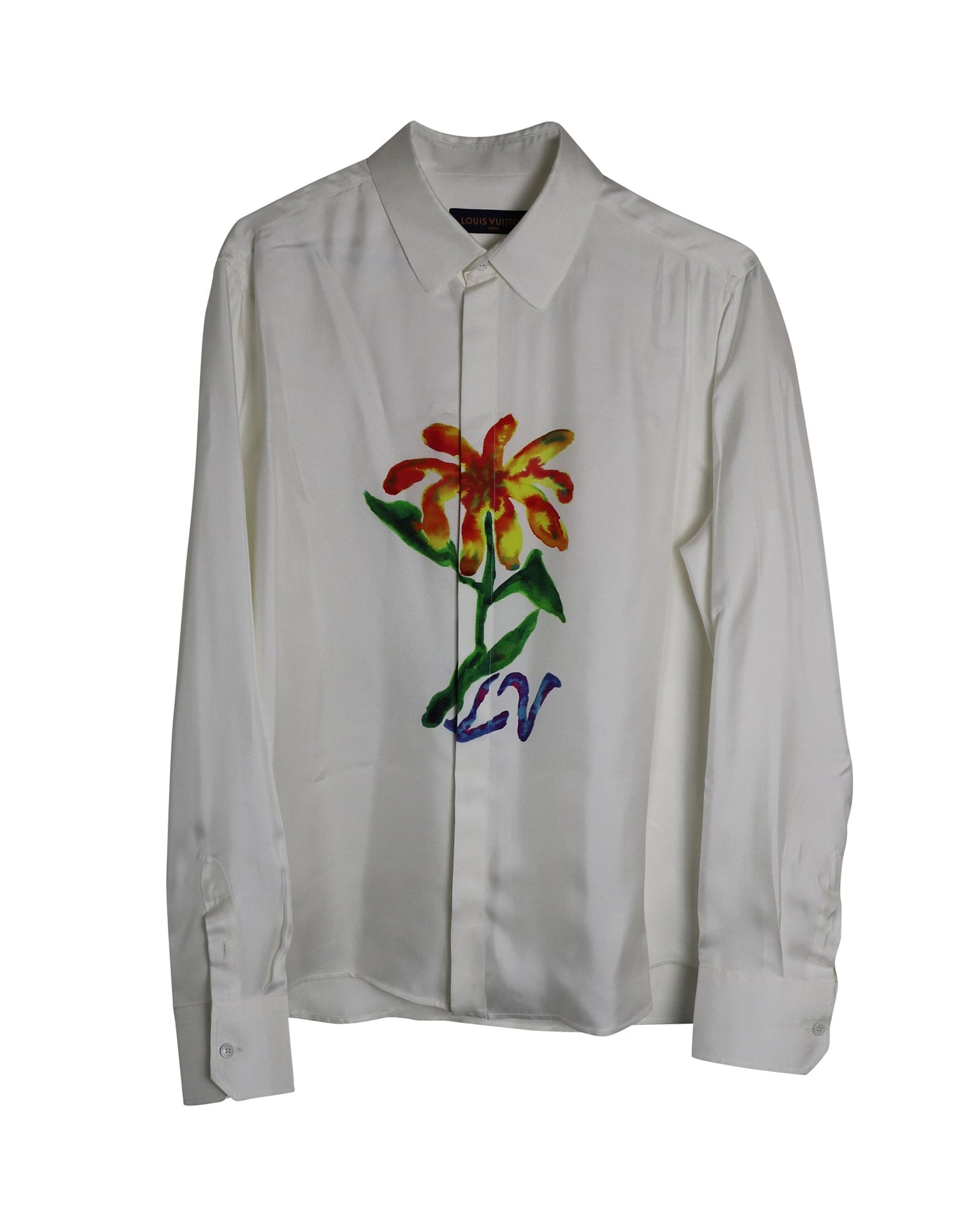 Louis Vuitton Painted Flower Dress Shirt in White Silk
