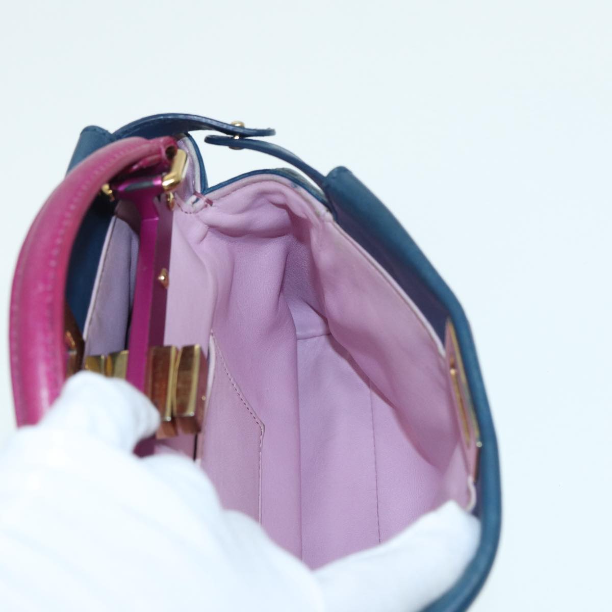 FENDI Mini Peek A Boo Hand Bag Leather 2way Blue Gold 86182