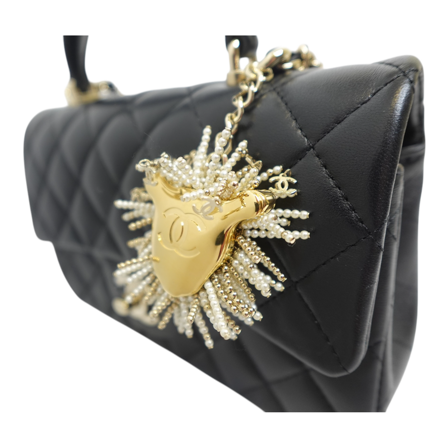GLM-Lambskin Pearl Crystal Mini GLM- Lion Charm Top Handle Rectangular Flap