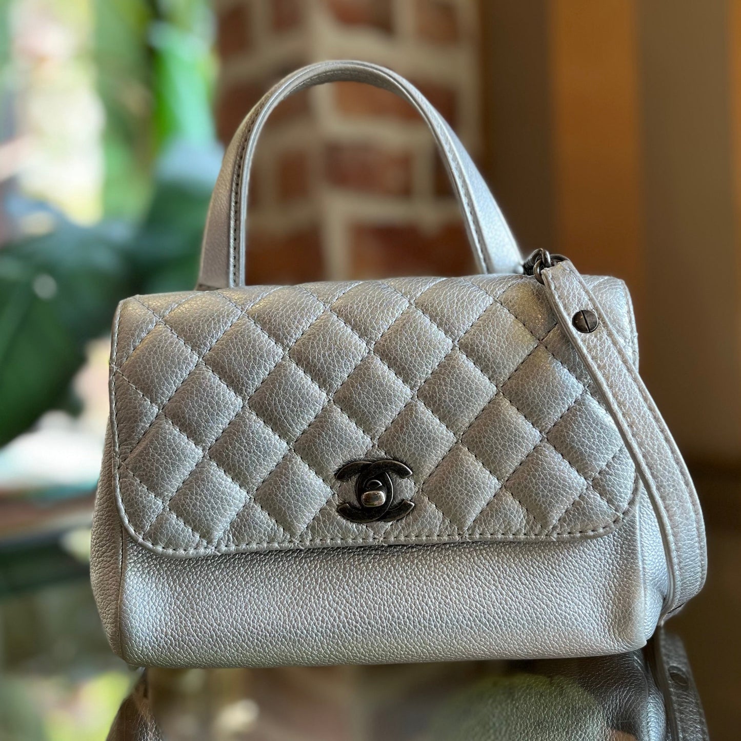 CHANEL Pilot Essentials Small Metallic Calfskin Quilted Top Handle