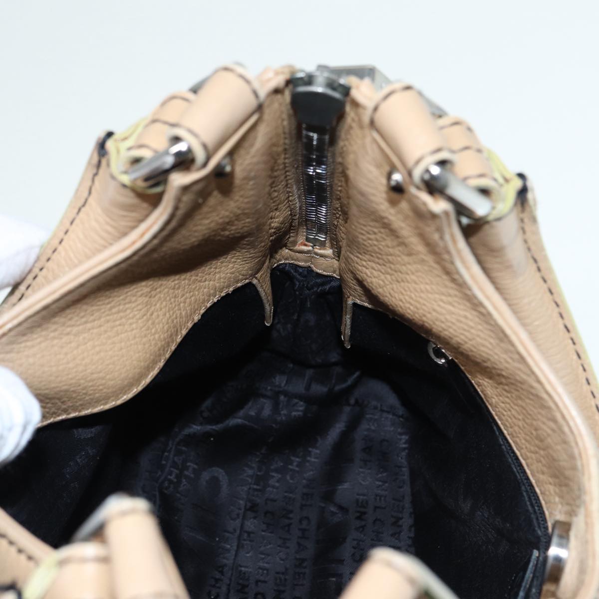 CHANEL Fringe Hand Bag Leather Beige CC 87088