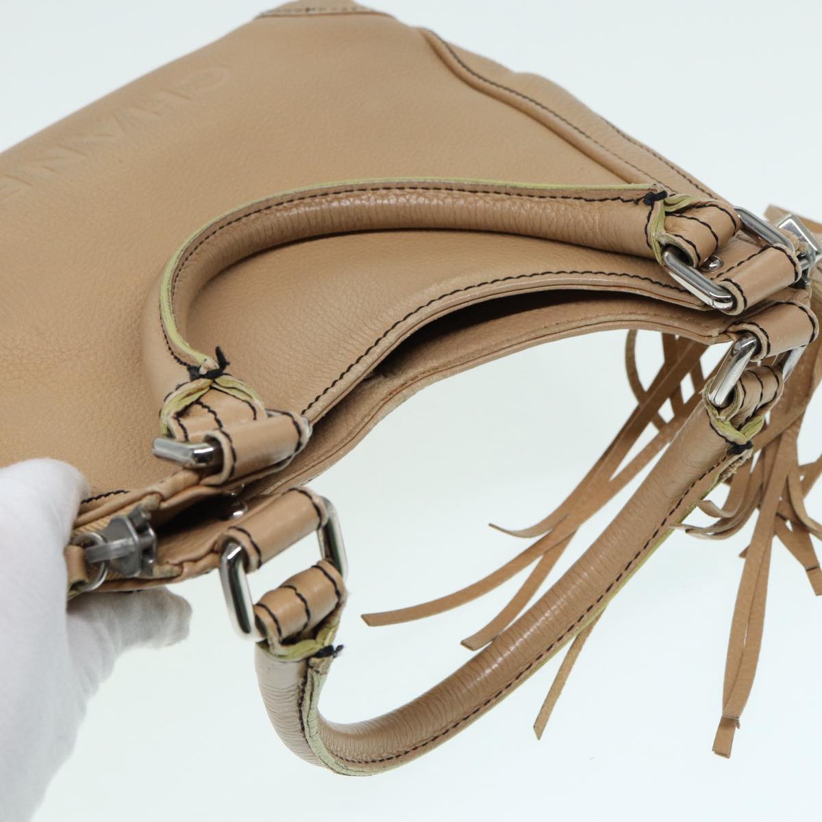 CHANEL Fringe Hand Bag Leather Beige CC 87088
