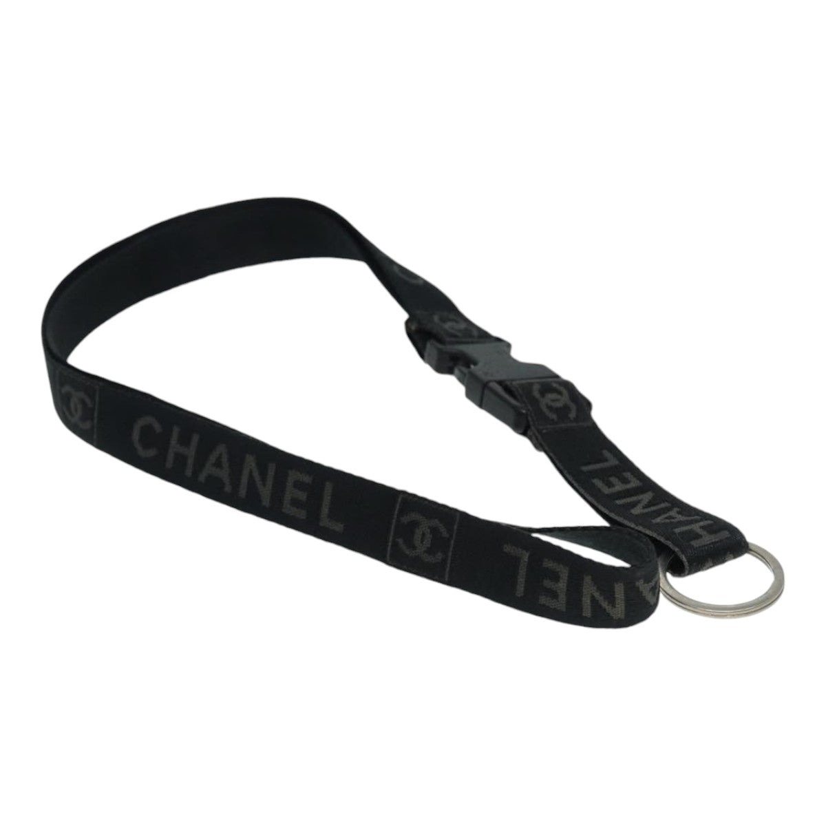 CHANEL Neck Strap Nylon Black Silver CC 87128