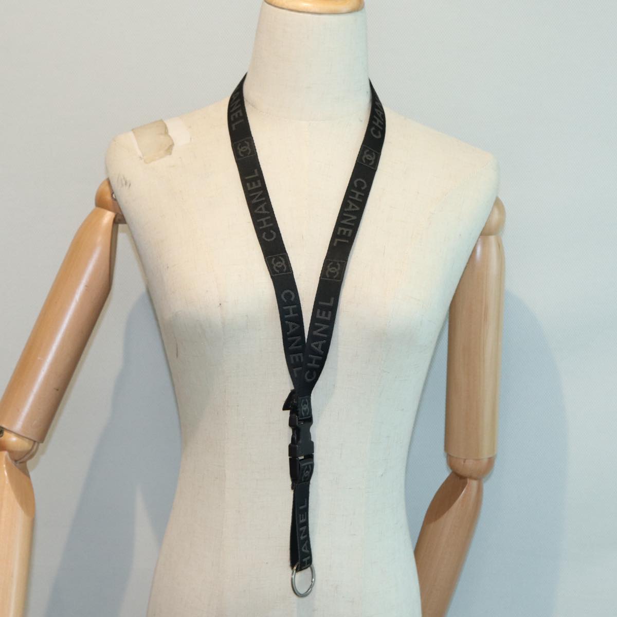 CHANEL Neck Strap Nylon Black Silver CC 87128