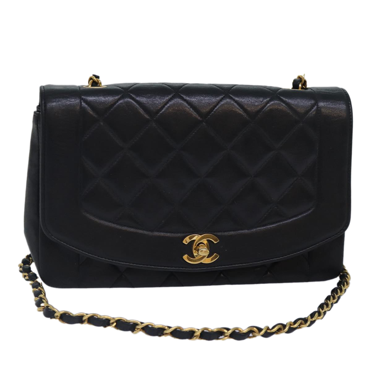 CHANEL Diana Matelasse Chain Shoulder Bag Lamb Skin Black CC 87740A