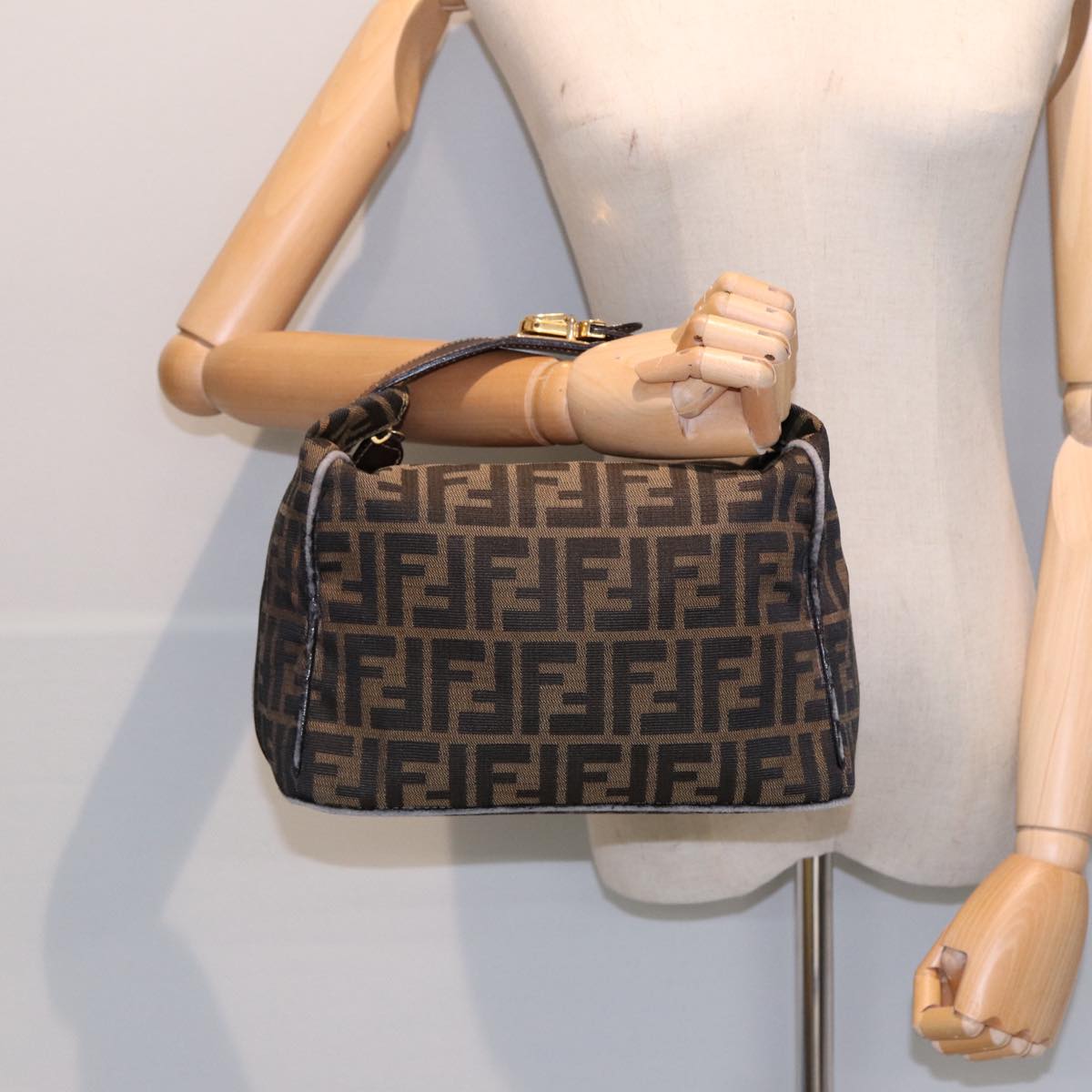 FENDI Zucca Canvas Hand Bag Brown Black gold 88081