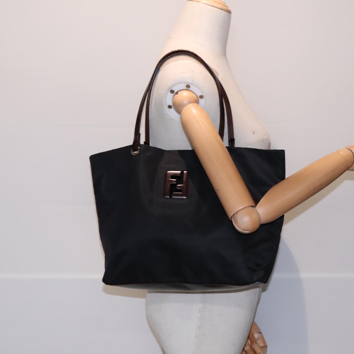 FENDI Tote Bag Nylon Leather Black Dark Brown Silver 88189