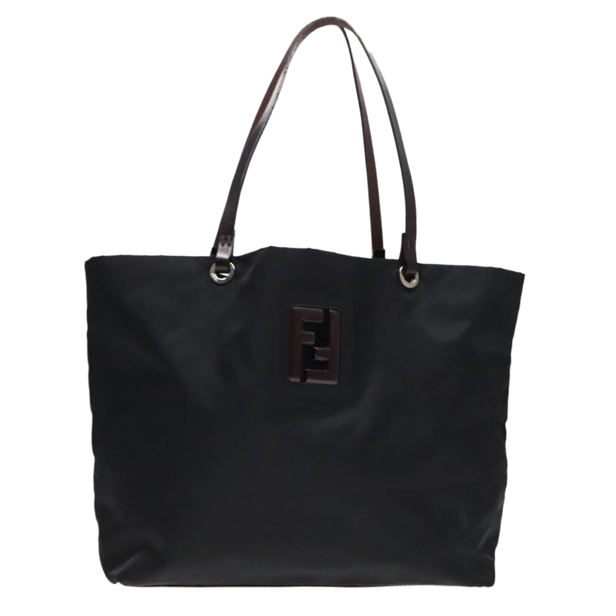 FENDI Tote Bag Nylon Leather Black Dark Brown Silver 88189