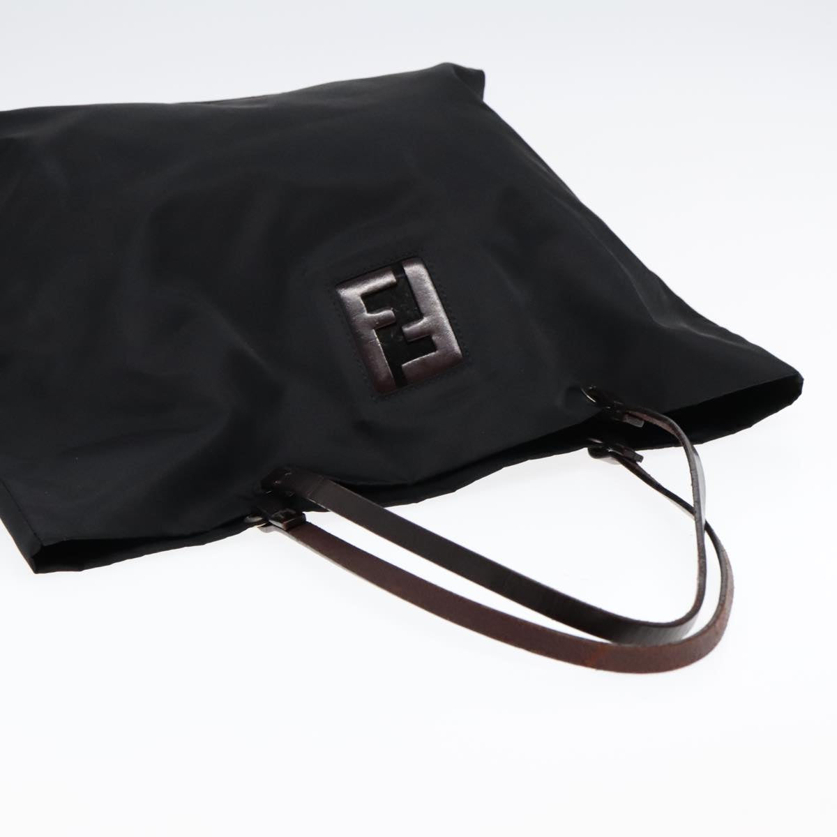 FENDI Tote Bag Nylon Leather Black Dark Brown Silver 88189