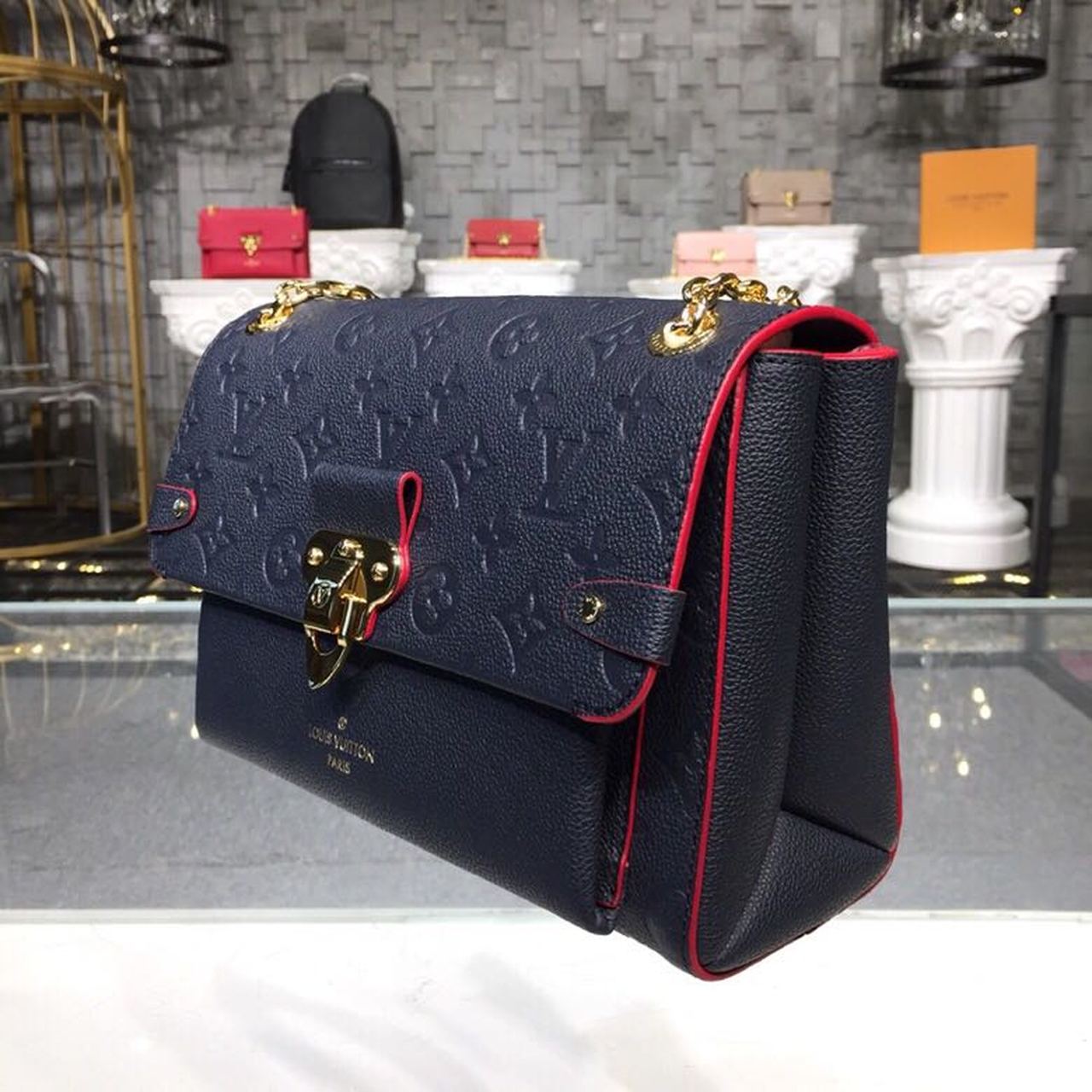 LV Vavin PM Monogram Empreinte Navy Blue/Red For Women, WomenÃ¢â‚¬â„¢s Handbags, Shoulder And Crossbody Bags 9.8in/25cm LV M52271