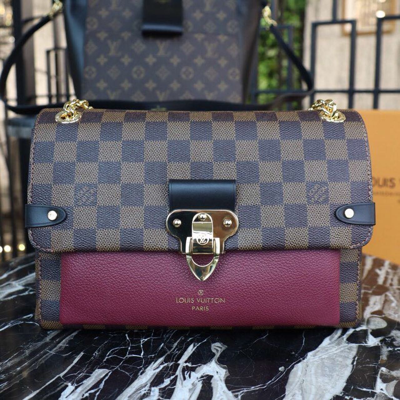 LV Vavin PM Damier Ebene Canvas Bordeaux Red For Women, WomenÃ¢â‚¬â„¢s Handbags, Shoulder Bags 9.8in/25cm LV N40109