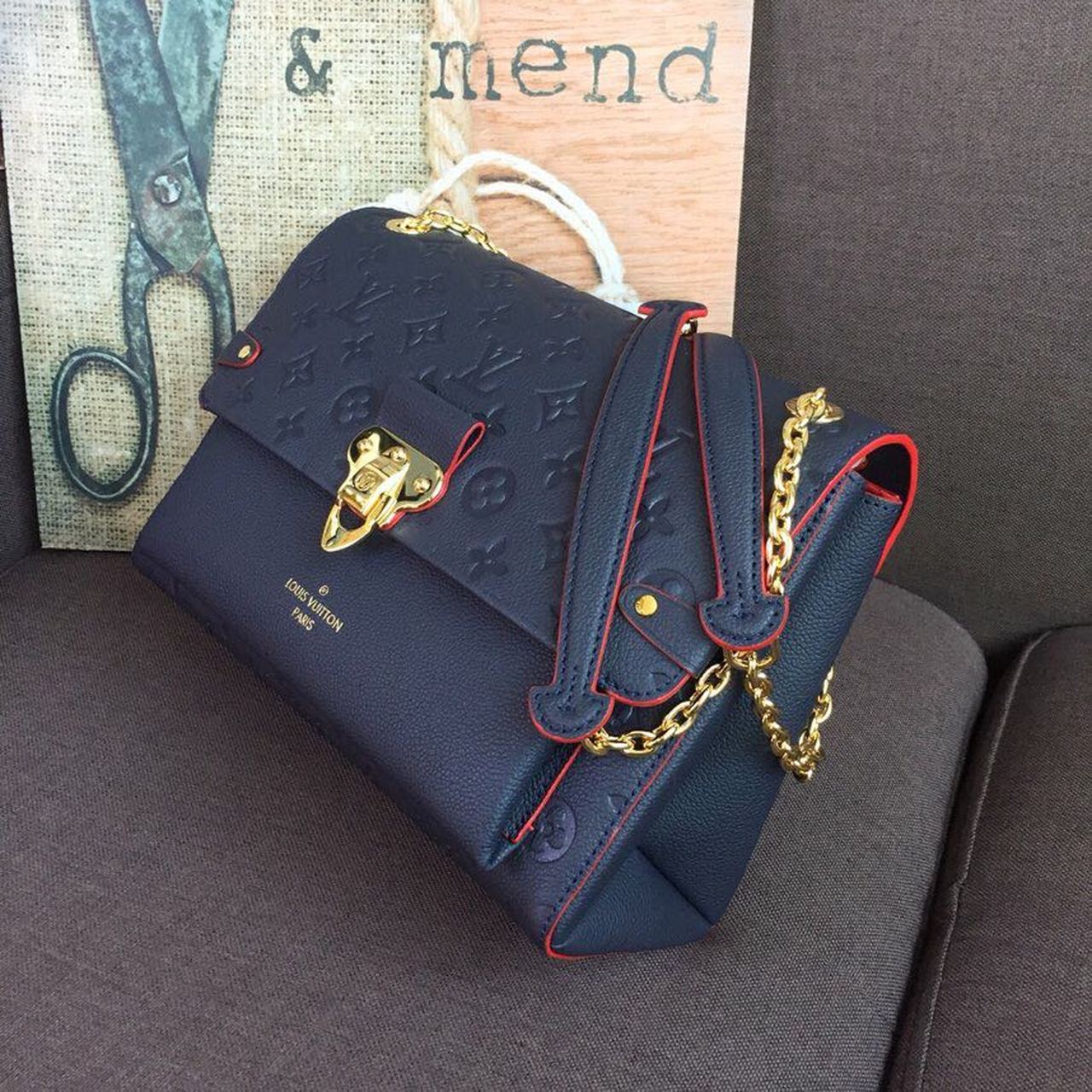 LV Vavin MM Monogram Empreinte Navy Blue For Women, WomenÃ¢â‚¬â„¢s Handbags, Shoulder And Crossbody Bags 9.8in/25cm LV M43925