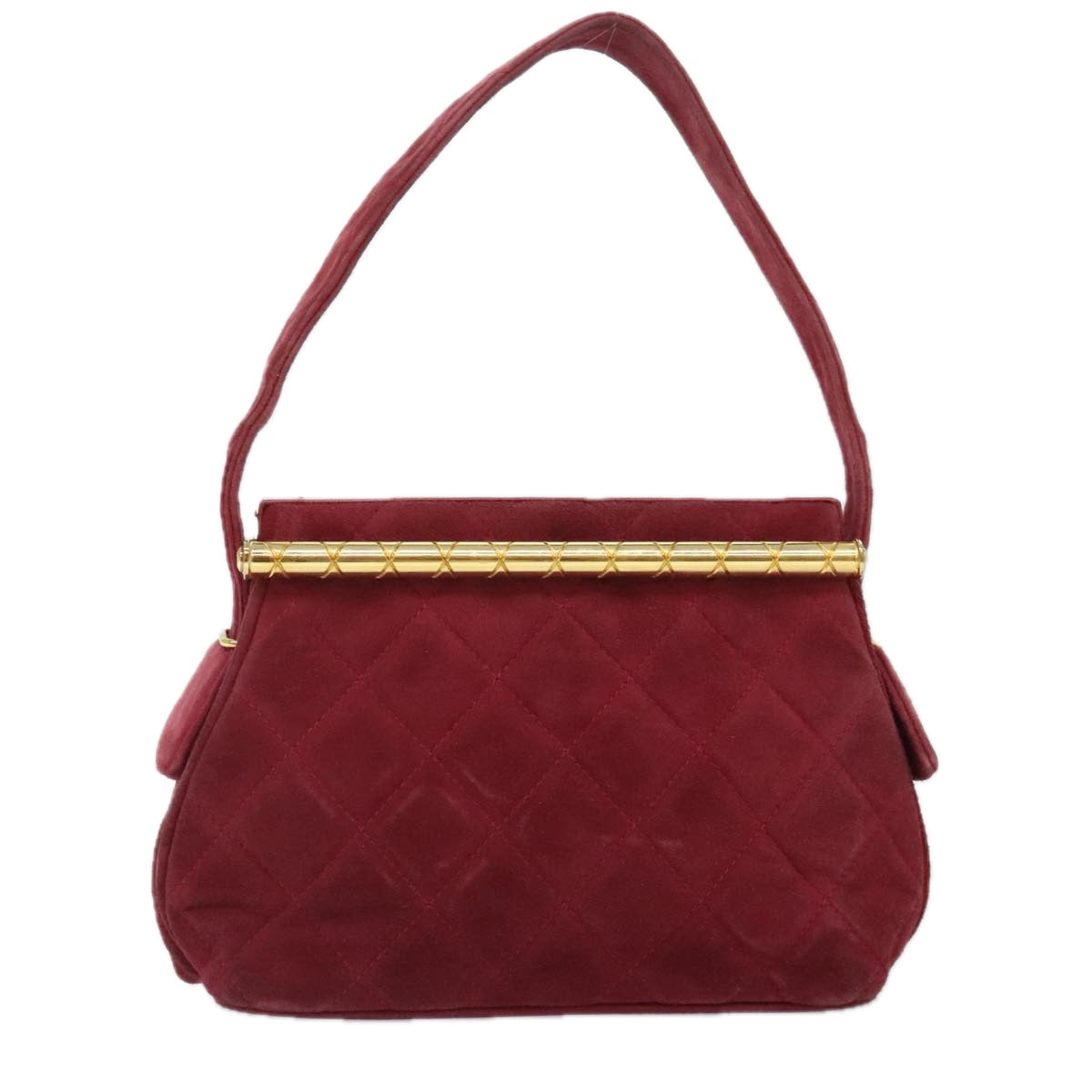 CHANEL Matelasse Hand Bag Suede Red Gold CC 88279