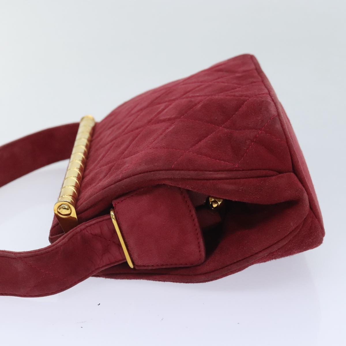 CHANEL Matelasse Hand Bag Suede Red Gold CC 88279