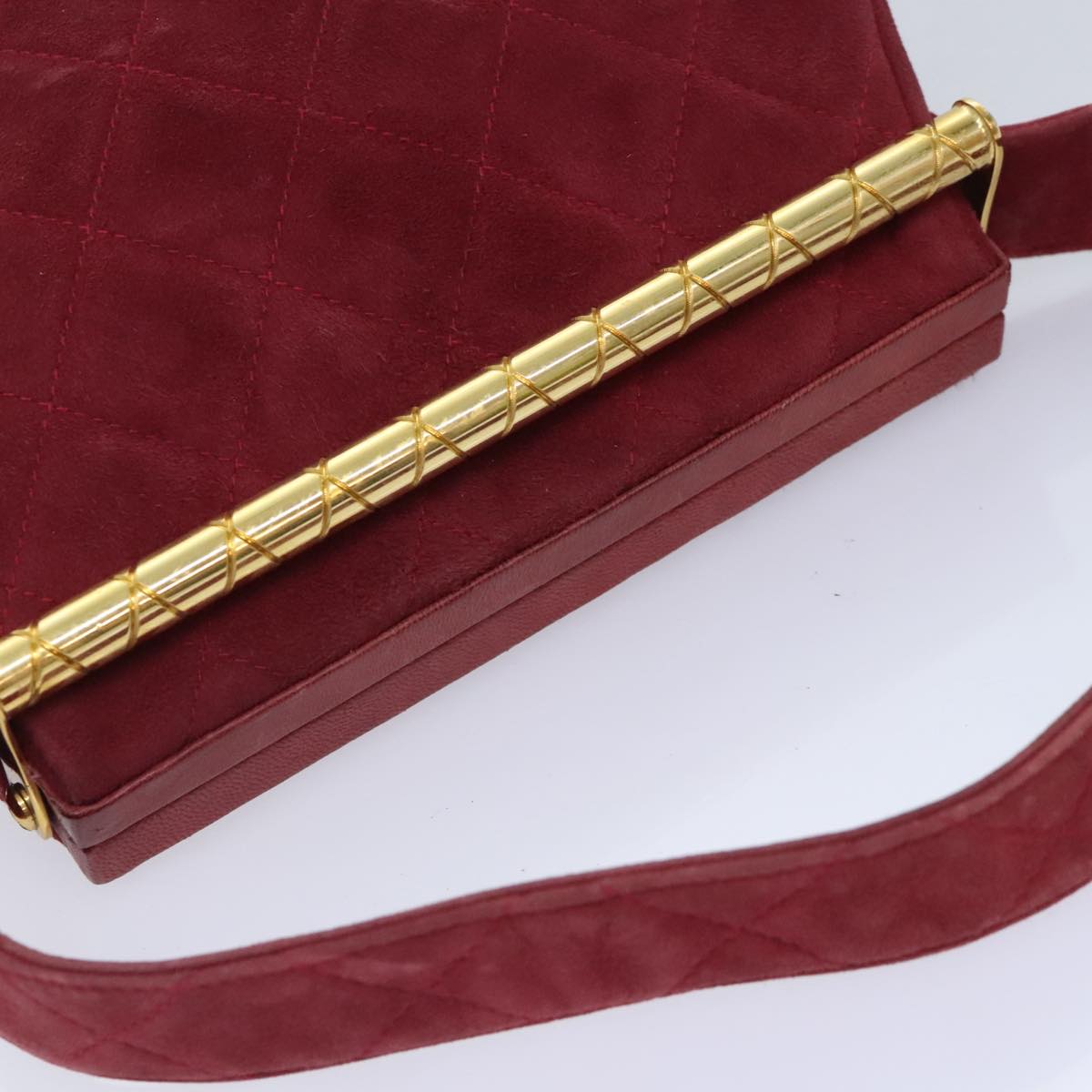 CHANEL Matelasse Hand Bag Suede Red Gold CC 88279