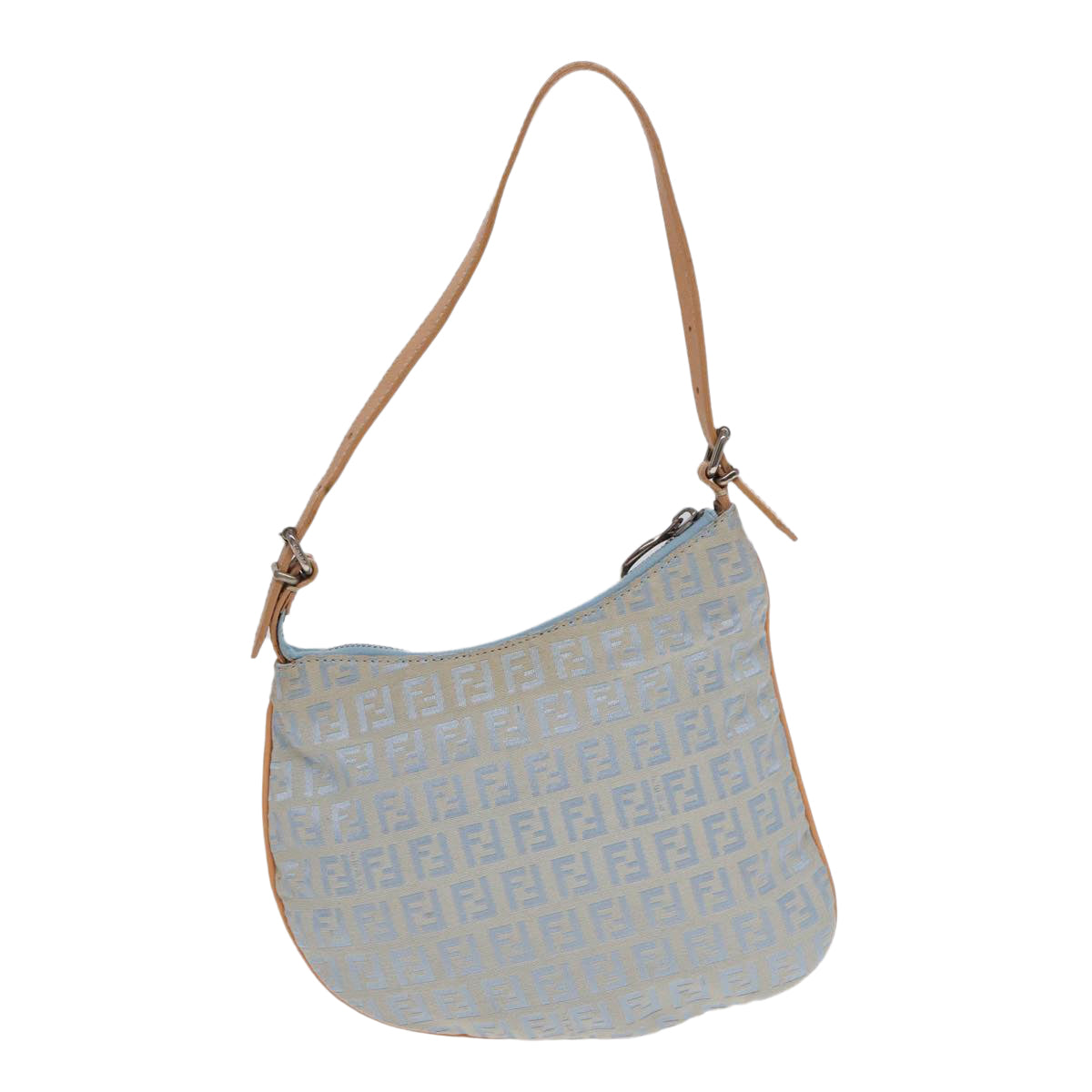 FENDI Zucchino Canvas Shoulder Bag Light Blue Silver 88411