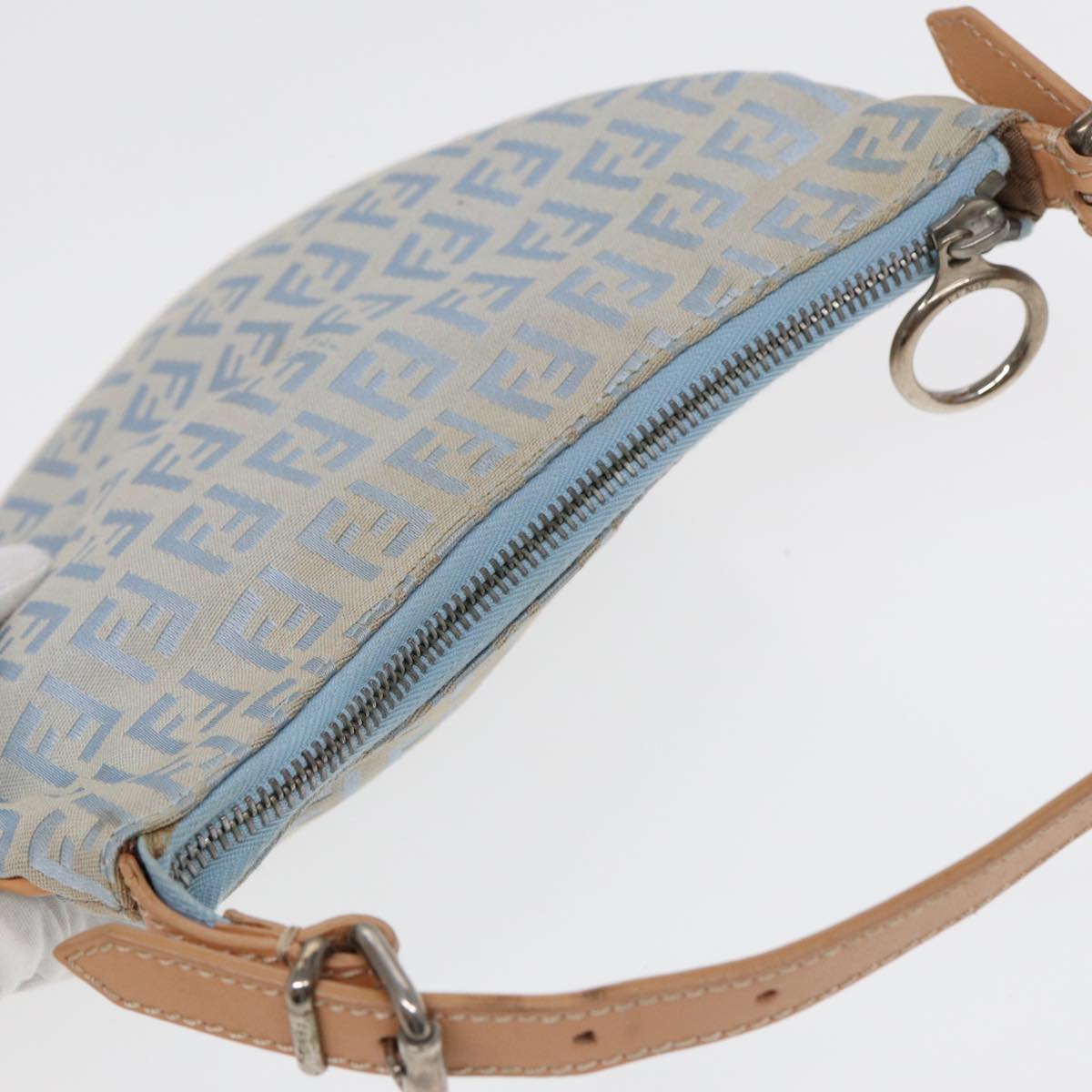 FENDI Zucchino Canvas Shoulder Bag Light Blue Silver 88411